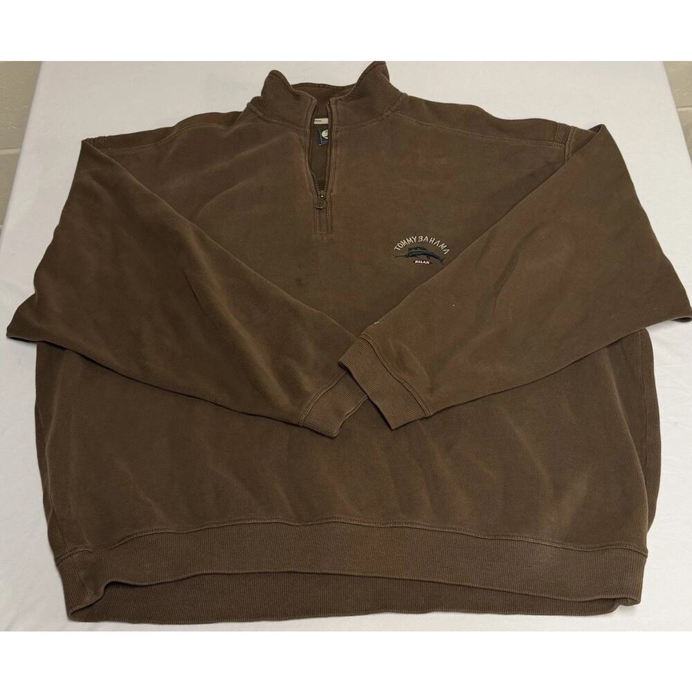 Tommy Bahama Relax Sweater Mens 2XL Brown Quarter Zip Pullover Cotton Casual